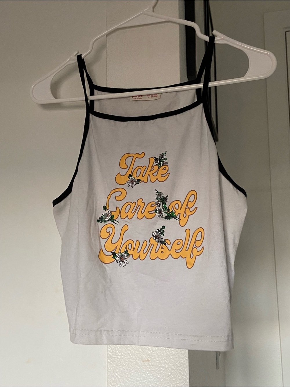 Take Care of Yourself White Graphic Crop Tank with Black Trim